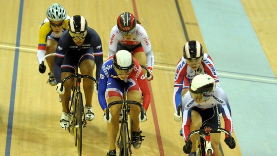 Becky James (c) in keirin first round