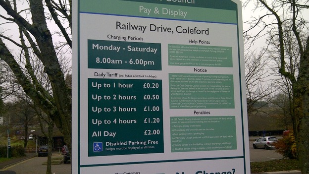 Parking charges sign in Coleford