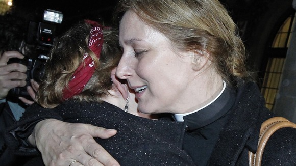 Reverend Marie-Elsa Bragg and Angie Nutt hug after the vote for women bishops failed