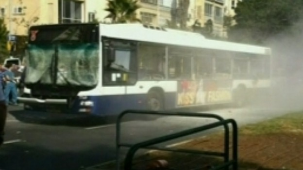 Image on local TV station of bus following reports of explosion in Tel Aviv