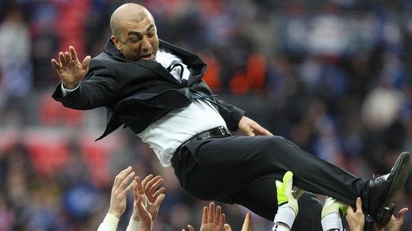 Chelsea manager Roberto Di Matteo is thrown in the air as Chelsea celebrate victory in the FA Cup. Photo dated 05/05/2012.
