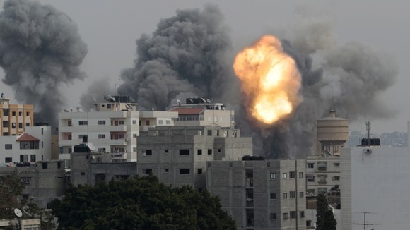 Smoke and an explosion seen during Israeli air strikes in Gaza