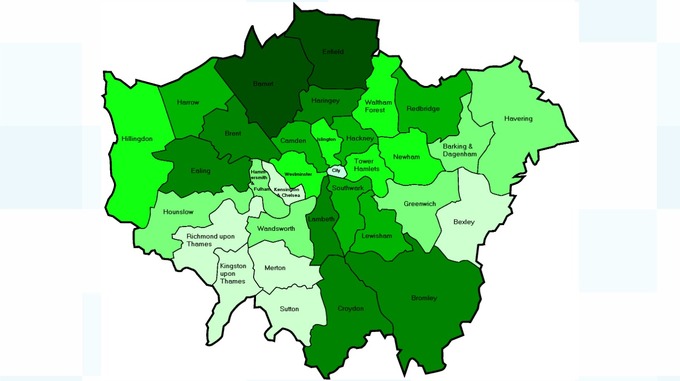 The darker the green, the higher the number of burglaries and cost per borough.