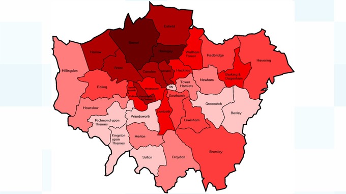 The darker the red, the greater the risk of burglaries per residence.