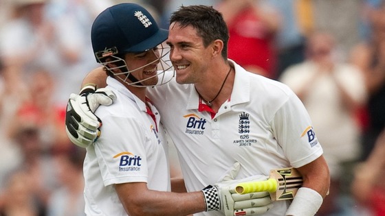 England's Kevin Pietersen celebrates reaching his century with Alastair Cook in Adelaide in 2010.