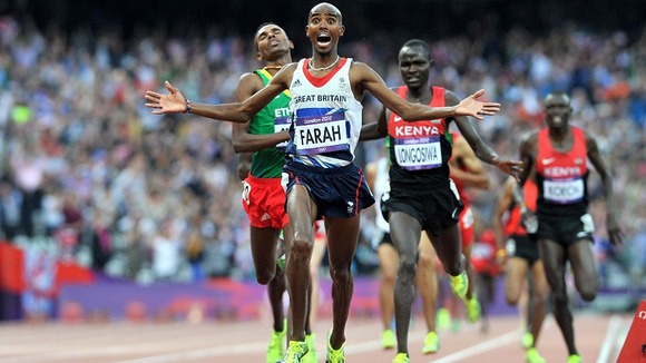 Mo Farah winning the Men's 5000m Final during Day 15 of the London 2012 Olympics at the Olympic Stadium, London.