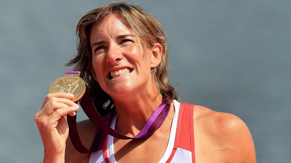 Katherine Grainger after winning gold in the women's double sculls at Eton Dorney Rowing Lake, Windsor.