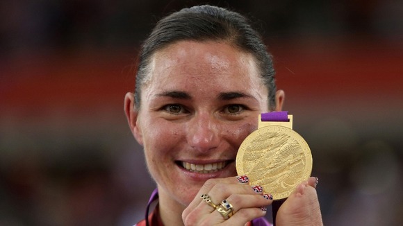 Sarah Storey celebrates winning Gold during the Women's Individual C4-5 500m Time Trial at the Velodrome in the Olympic Park, London.