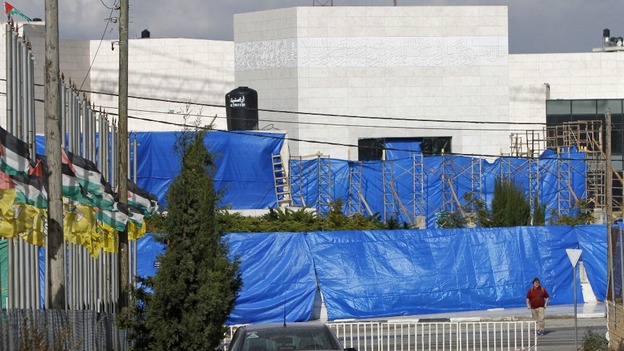 Blue sheets were placed over Yasser Arafat's mausoleum ahead of the exhumation