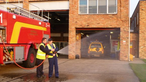 Cambridge Airport MD Archie Garden (right) at the airport fire station