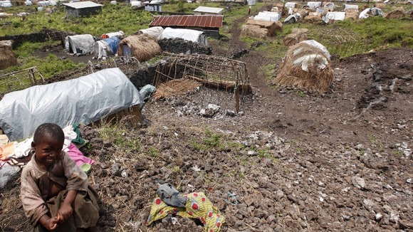 A makeshift shelter overlooking Mugunga IDP camp, outside of Goma