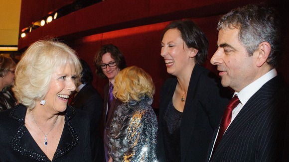 All smiling Camilla meets Miranda Hart and Rowan Atkinson