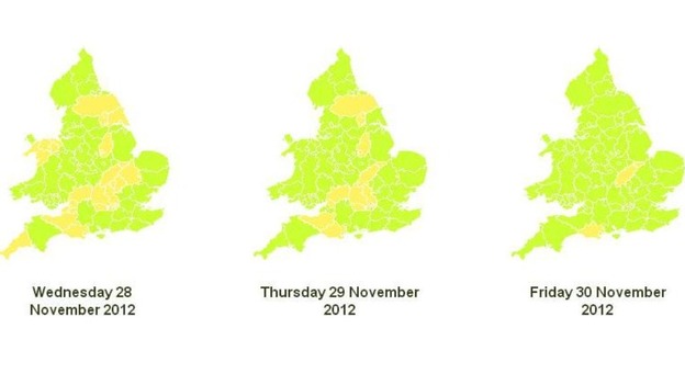 The areas shaded yellow are at low risk of flooding, the green are at very low risk