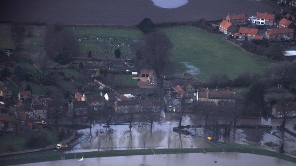 An aerial shot shows the scale of the flooding in Old Malton, North Yorkshire.