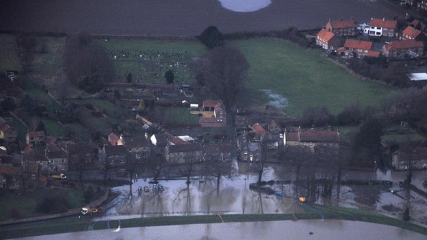 An aerial shot shows the scale of the flooding in Old Malton, North Yorkshire.