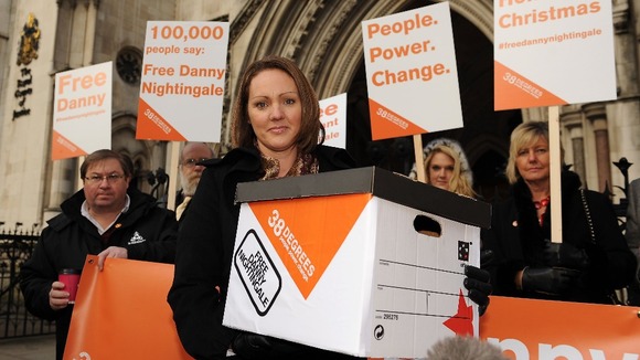 Sally Nightingale and supporters from 38 degrees outside the Royal Courts of Justice today