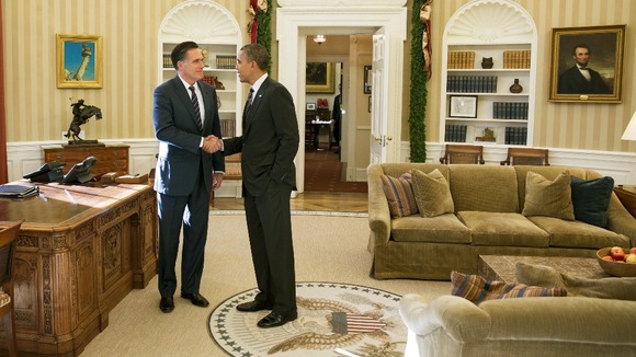 President Barack Obama and Mitt Romney in the Oval Office after lunch