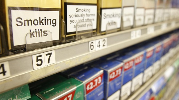 Cigarettes on display in a shop in Glasgow.