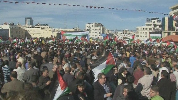 The crowds waved flags and cheered at the rally in Ramallah on the West Bank