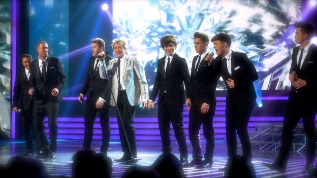 X Factor semi-finalists perform with Rod Stewart.