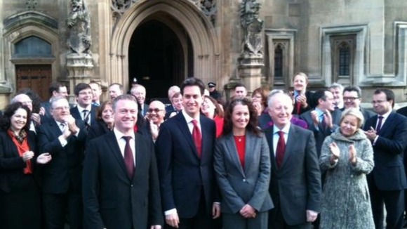 Ed Miliband tweeted this picture of himself outside Westminster with the three new Labour MPs
