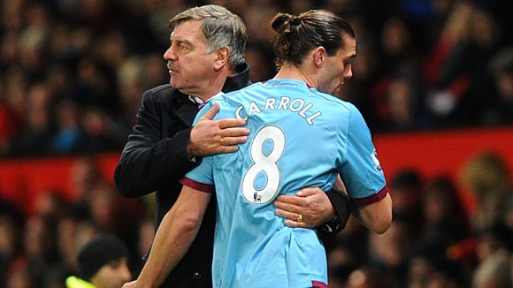 West Ham boss Sam Allardyce comforts on-loan striker Andy Carroll