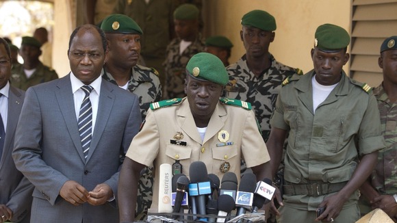 Coup leader Capt. Amadou Haya Sanogo, as he addresses the press at junta headquarters in Kati, outside Bamako