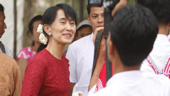 Suu Kyi at a polling station in the village of Wah Thin Kha today.