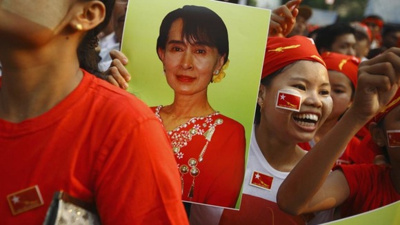 Supporters of the National League for Democracy celebrate in Yangon today.