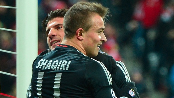 Bayern's Mario Gomez and Xherdan Shaqiri celebrate after scoring against FC Bate Borisov