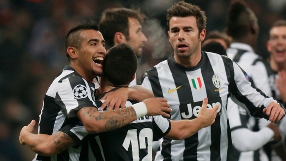 Juventus players celebrate after scoring against Shakhtar Donetsk during the Group E game at Donbas Arena