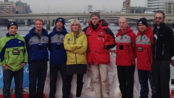 Ranulph Fiennes and his ice team, joined by supporter Joanna Lumley, at their send-off in London
