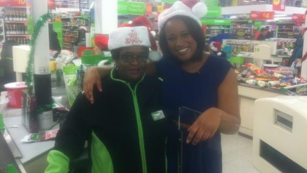 Charlene White in charity bag pack