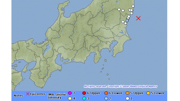Map showing aftershocks with a red cross marking the epicentre of the quake