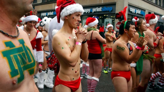 Participants in the annual "Santa Speedo Run" wait at the starting line in Boston.