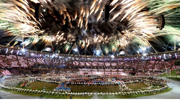 Fireworks celebrate the end of Danny Boyle's Olympic Opening Ceremony, and the start of London 2012