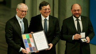 President of European Council Van Rompuy, President of EC Barroso and President of European Parliament Schulz receive the accolade.