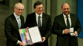 President of European Council Van Rompuy, President of EC Barroso and President of European Parliament Schulz receive the accolade.