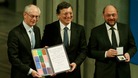 President of European Council Van Rompuy, President of EC Barroso and President of European Parliament Schulz receive the accolade.