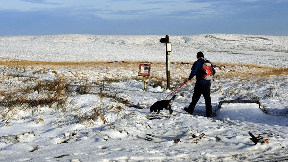 Snow on the Pennine tops at Saddleworth Moor near Manchester following a week of frosts and snow.