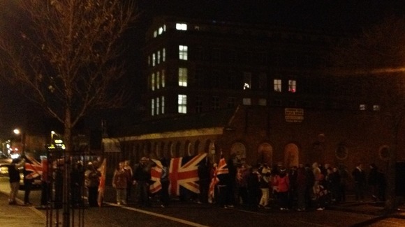 Union Flag carrying protesters blocked the Crumlin road in north west Belfast