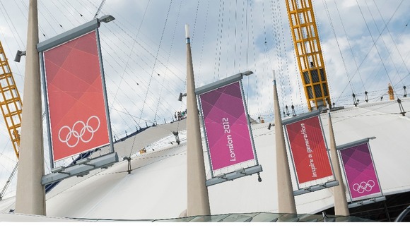 Olympic signs hanging above Greenwich arena.