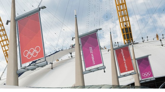 Olympic signs hanging above Greenwich arena.