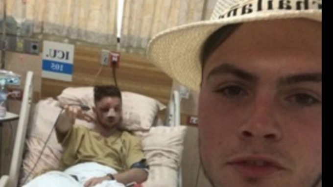 Luke in hospital with his friend Harvey Hughes