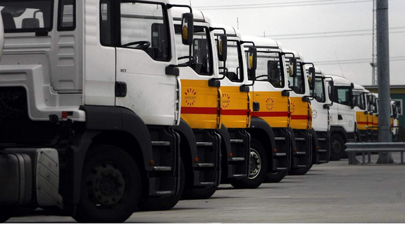 Tankers standing idle at the Shell petrol tanker depot