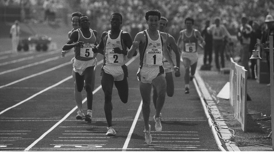 Sebastian Coe wins the 800 metres at the three-way international athletic match in Portsmouth, 1988