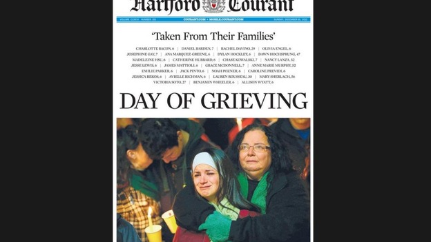 The front page of the Hartford Courant 16 December 2012