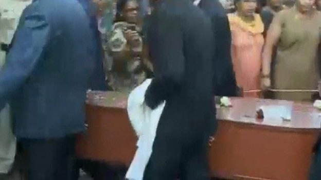 Jacintha Saldanha's coffin is carried into church for her funeral.