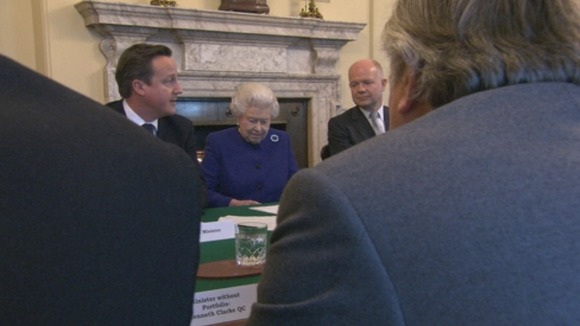 The Queen sat between the Prime Minister and Foreign Secretary