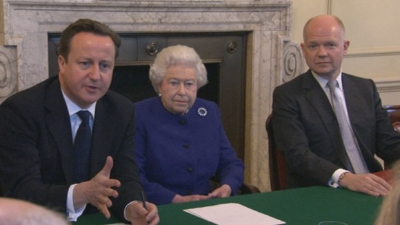 The Queen sat between the David Cameron and William Hague